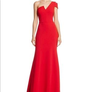 AQUA One-Shoulder Red Ruffled Gown